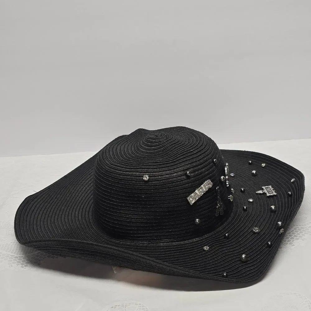 Karl Lagerfeld Black Straw Signature Pin Studs Paris Charm Embellished Sun Hat